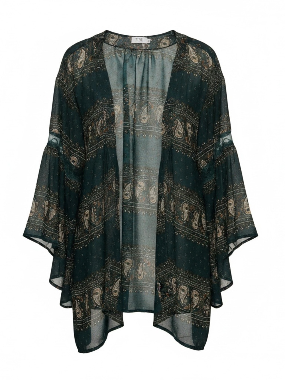 Tobi Paisley Dark Green Sheer Chiffon Peak Puff Sleeve Kimono